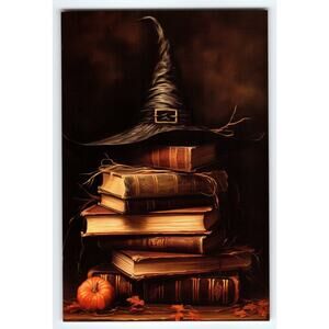 Halloween Witch Hat with Antique Books and Pumpkin 4x6 Glossy Photo